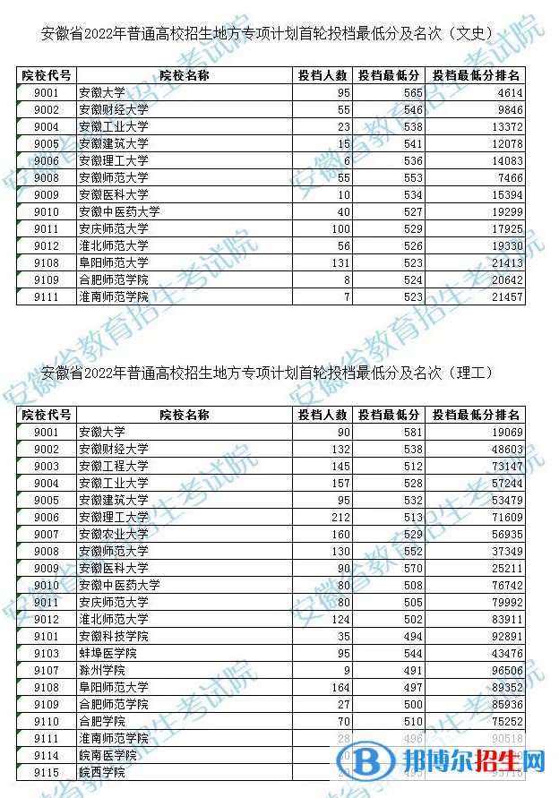 2022安徽高校地方专项计划投档最低分及排名